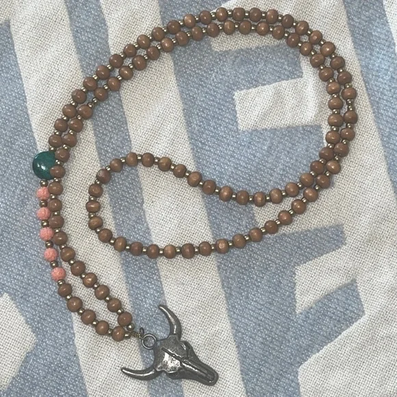 Boho Wooden Bead Bull Skull Necklace - Picture 3 of 7